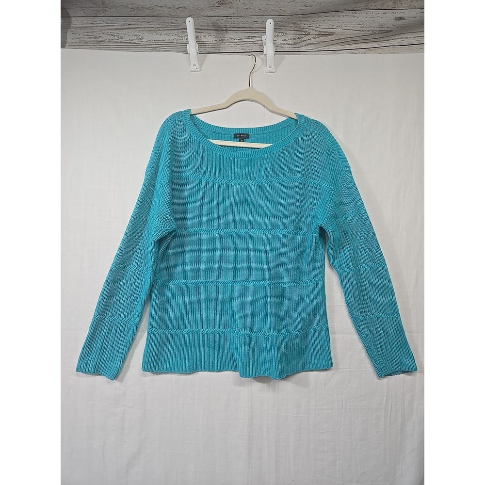 Talbots Women's Medium Cable Knit Pullover Sweater Pima Cotton Teal Boat‎ Neck